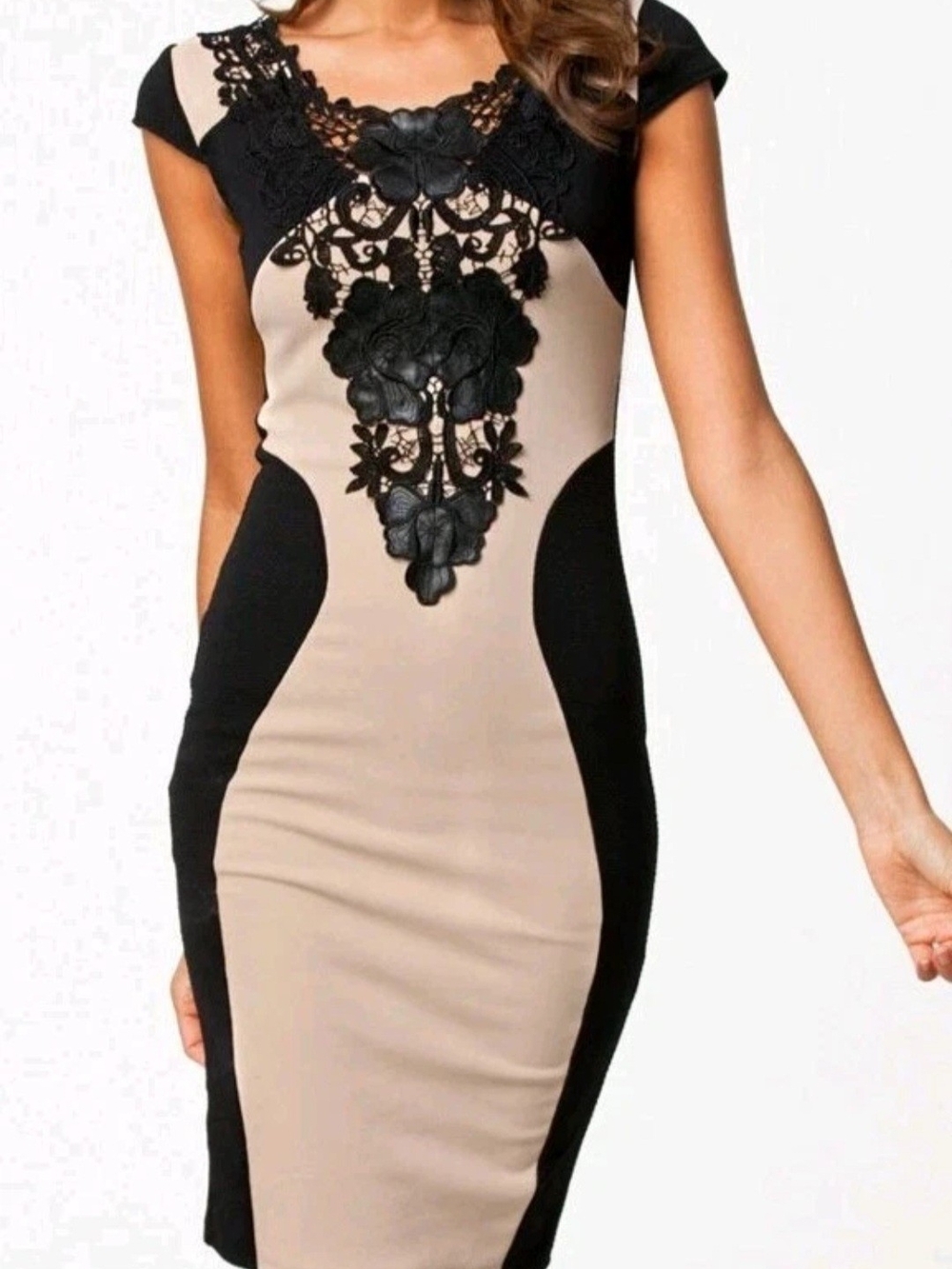 Jade & Julie Beige & Black Lace Design Women's Party Dress Size Medium